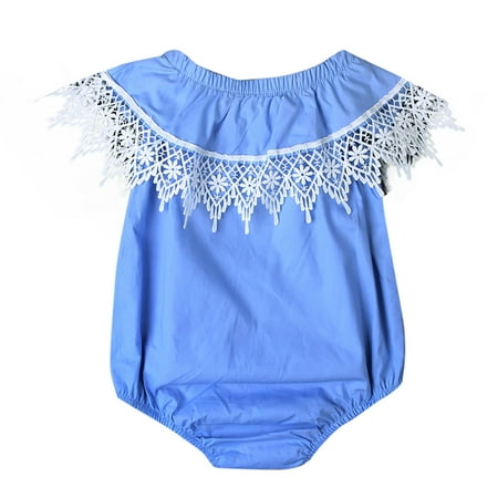

YWDJ One Piece Outfit Girls Summer Ruffle Sleeve One-piece Romper Crawling Clothes Sky Blue 90