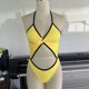 thumbnail image 4 of Traje de baño de una pieza para mujer, conjunto de bikini para mujer, traje de baño de poliéster de color liso con cuello colgante, espalda descubierta y tirantes finos., 4 of 9
