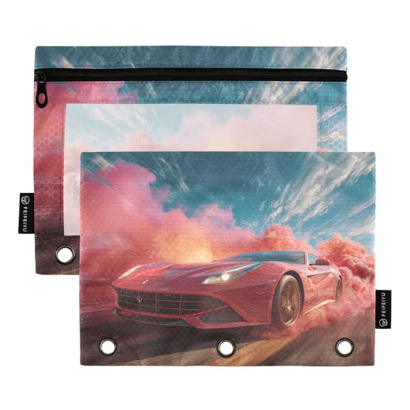 2 Pack 3 Ring Binder Pouch with Clear PVC Window Water Resistant Zipper Pencil Pouch Red Sports Car Binder Pocket for Classroom Office Home Stationery Organization
