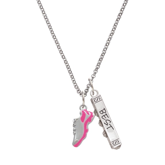 Delight Jewelry Silvertone Hot Pink Running Shoe Silvertone Best Friends Forever Bar Charm Necklace, 23"