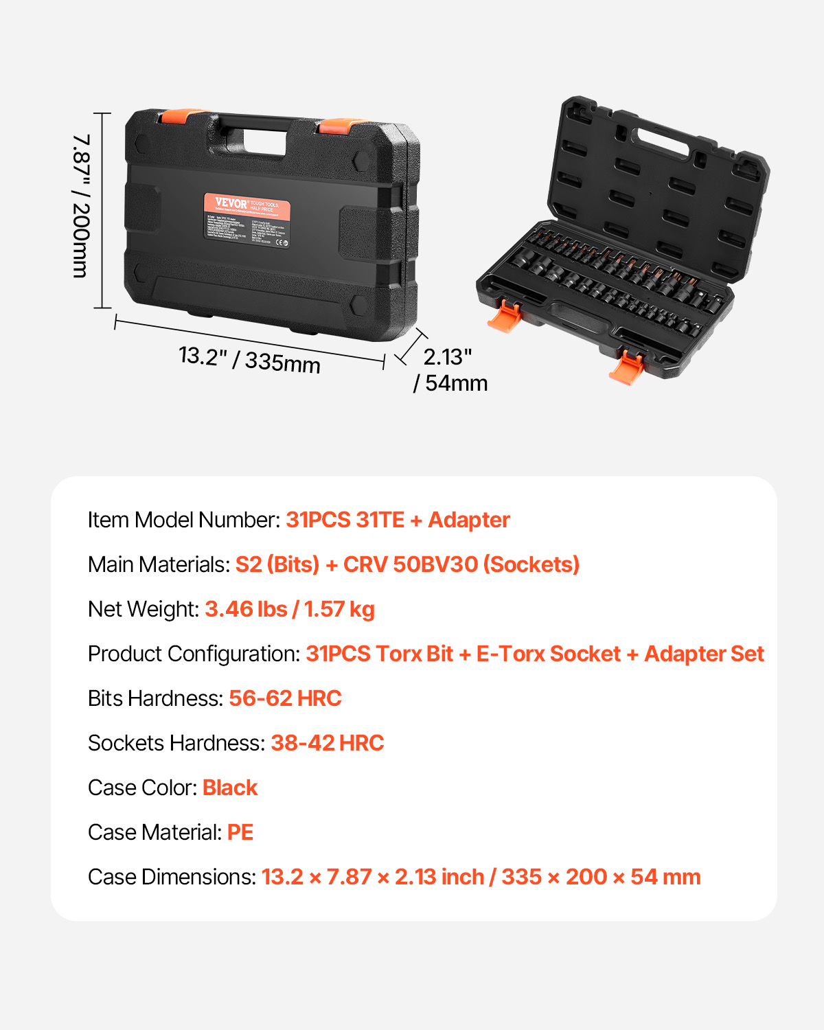 VEVOR Torx Bit Socket and External Torx Socket Set, 31-Piece T8-T70 and E4-E24,S2 Alloy Steel and Cr-V Steel, 1/4 in, 3/8 in, and 1/2 in Drives, with Adapter and Enhanced Storage Case, for Automotive