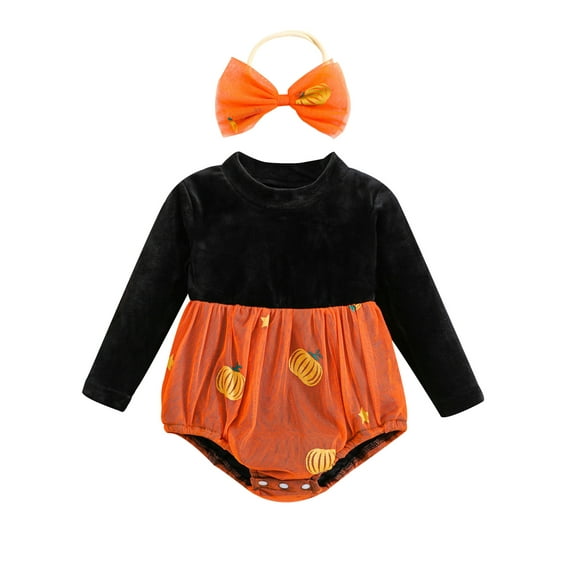 Liacowi Baby Girls 2Pcs Halloween Romper Long Sleeve Pumpkin Mesh Patchwork Bodysuits 3 6 12 18 24 Months Newborn Autumn One Piece Halloween Costume Headband