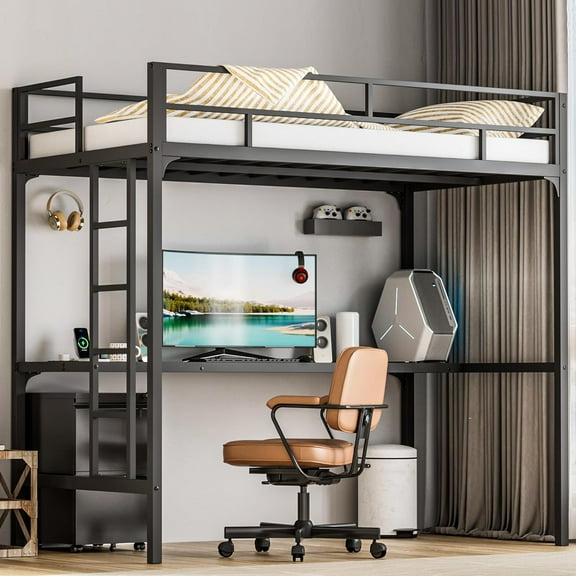 SOLAURA Twin Size Loft Bed with Long Desk, Metal Loft Bed with Charging Station, Ladder and Safety Guardrail Black Loft Bed Frame for Bedroom, 600 lbs Capacity