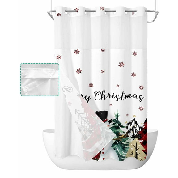 No Hook Shower Curtain with Snap in Liner, Christmas Plaid Snowman Red Snowflake Hotel Shower Curtains for Bathroom, Washable Shower Curtain Liner Set with Mesh Top Window, 36"x78"