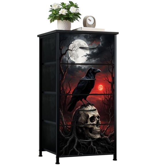Gothic Dresser for Bedroom with 4 Storage Drawers Raven Perched Skull Under Blood Red Moon Dark Trees Dressers Chest of Drawers Steel Framed Fabric Closet Organizers for Dorm Entryway Girls Women