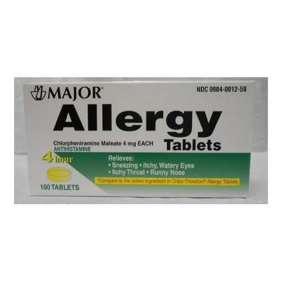 Major Chlorpheniramine Maleate 4mg 100 Tablets for Allergy Relief | Anti Allergy Medication | Allergy Medicine for Adults and Children 6 | Sinus Relief Tablets | Allergy Prevention