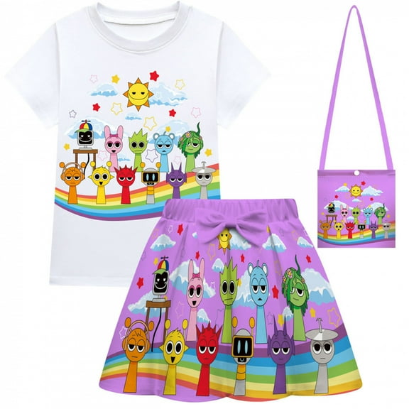 Girls Cartoon Short Sleeve Shirt and 3D Printed Skirt Set with Bag 3 Piece Outfits for Girls