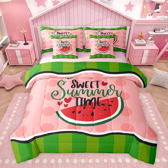 Feelyou Cartoon Watermelon Bedding Comforter Set 7 Pieces, Pink Green Stripes Full Bedding Set, Sweet Summer Time Reversible Fitted Sheet Flat Sheet, Super Cozy Room Decor