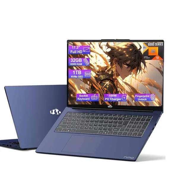 17.3" Laptop Ryzen 9 8945HS (Beat i9-13900H, Up to 5.2GHz) 16GB RAM, 1TB SSD, Radeon 780M, PD 100W Type-C AI-Enhanced for Copilot VR Ready, Backlit Keyboard, Fingerprint, 75W Battery(blue)