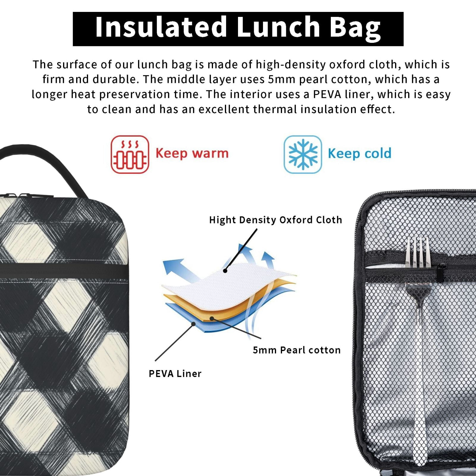 Lunch Bag For Women Men Insulated Portable Lunch Box Bento Box Office Picnic Travel Cooler Bag Darkgray Checked Hand-Drawn Sketch_1
