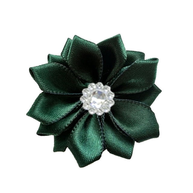 Xiao Hua 10 flores de cinta de satén para manualidades, flores de tela, margaritas con diamantes de imitación, cinta de satén para adornos, apliques, bricolaje, boda, verde oscuro