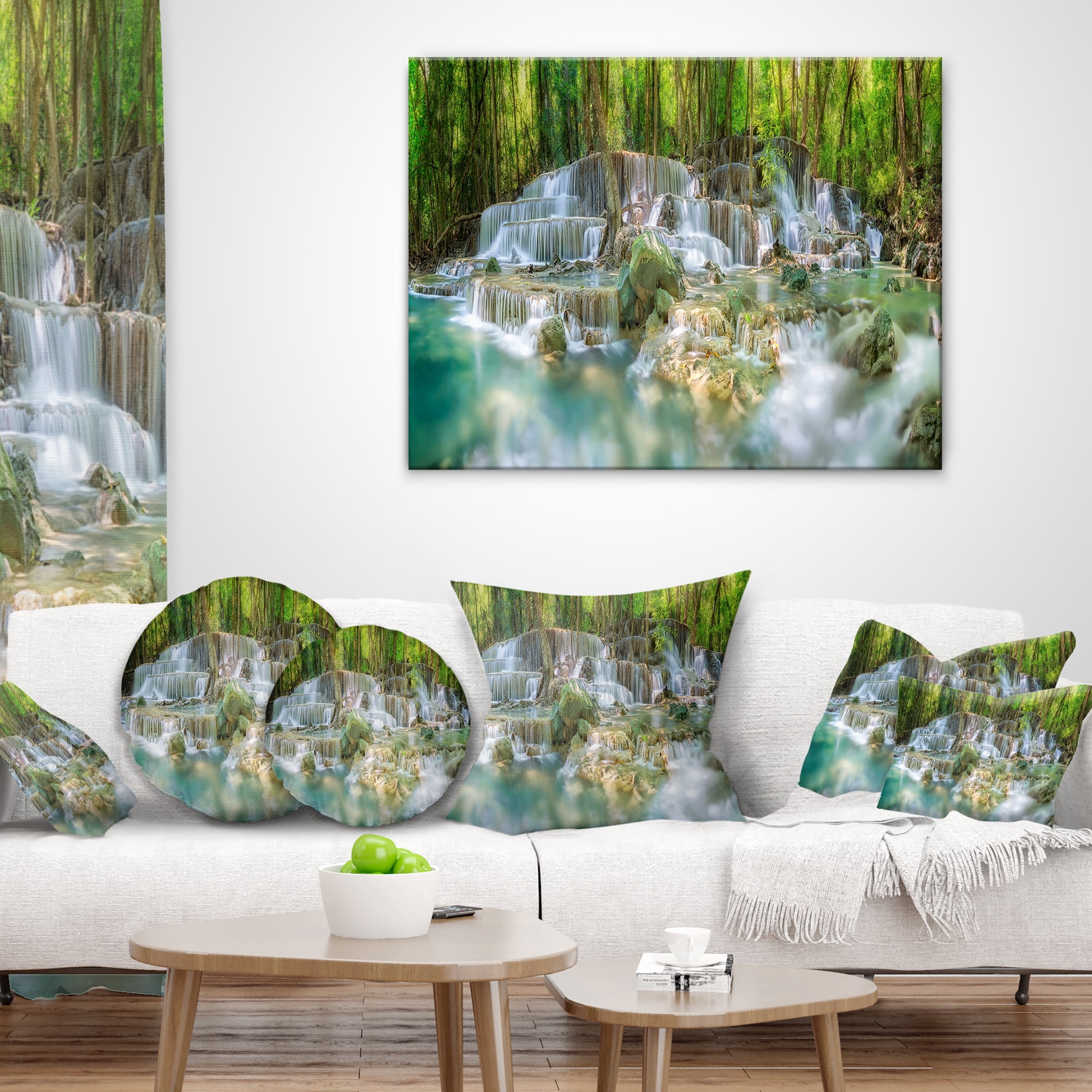 Designart Level 6 of Huaimaekamin Waterfall - Landscape Printed Throw Pillow - 18x18