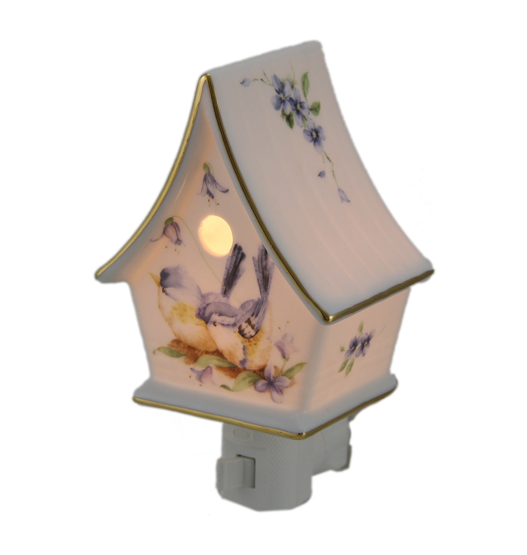 Bluebird Garden Porcelain Bird House Plug In Night Light