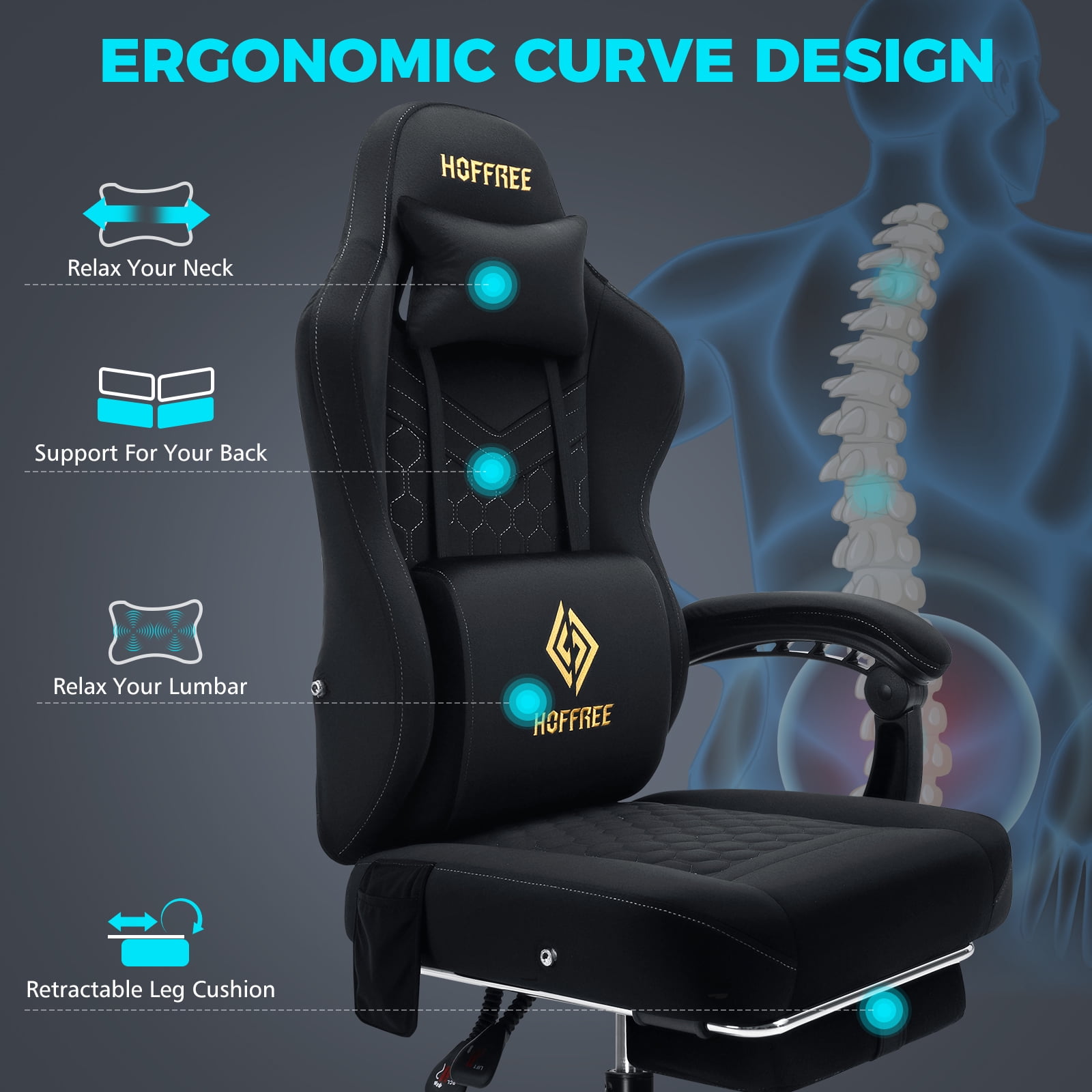 HOFFREE Gaming Chair with Massage and Footrest Skin-friendly Gamer Chairs for Adults Big and Tall Video Game Chair with Headrest and Lumbar Support for Office and Home Black
