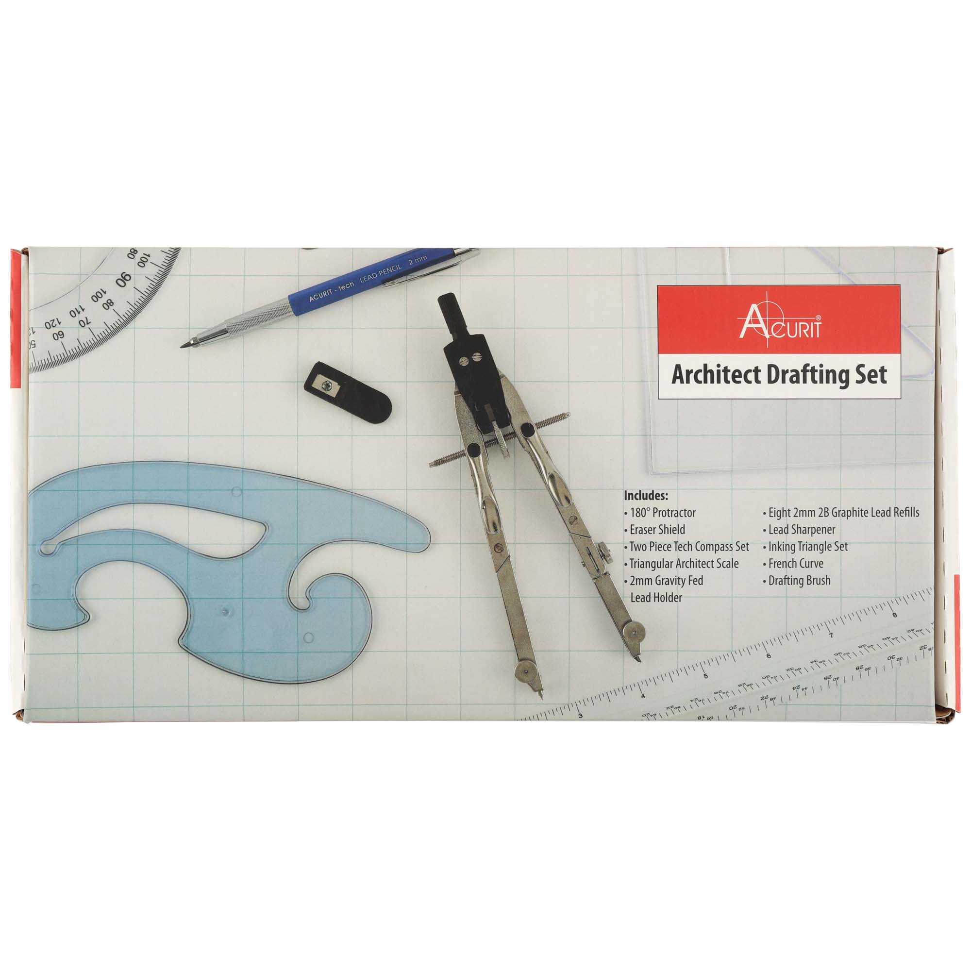 Acurit Drafting Tools Architect Set, 10 Piece Drafting Kit for Architects & Artists: Protractor, Compass, Architect's Scale, 2mm Pencil, Eraser Shield, Triangles, French Curve, Brush