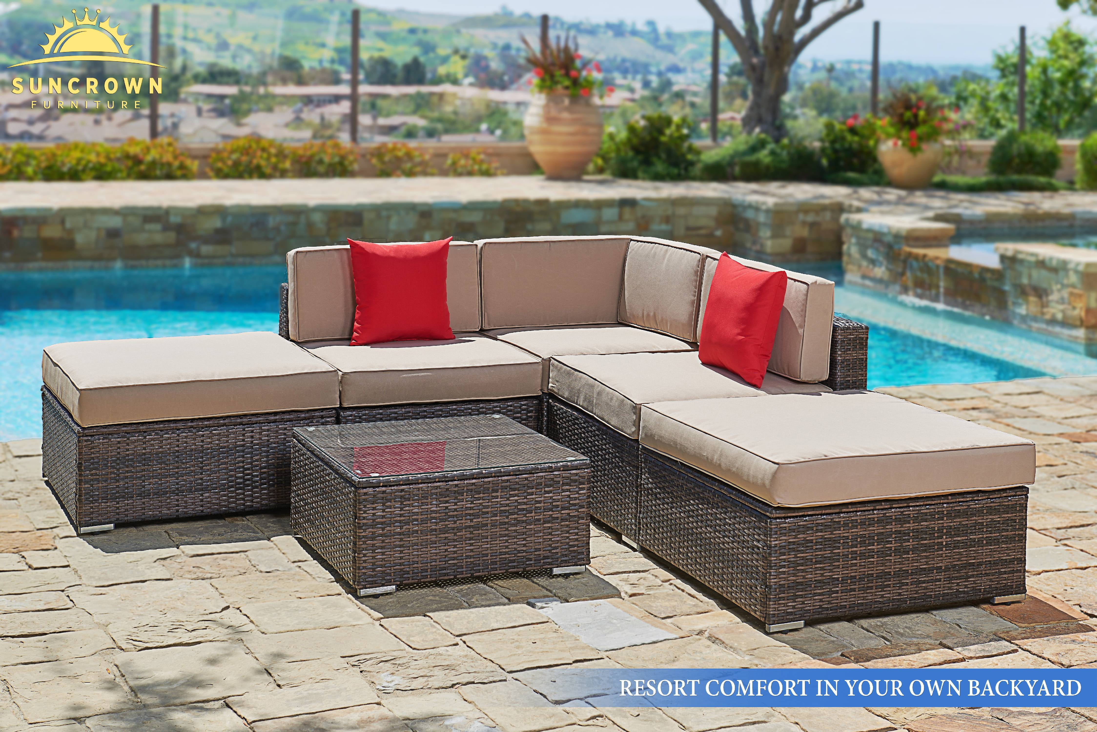 Suncrown Outdoor Furniture Sectional Sofa Set 6 Piece All Suncrown Outdoor Furniture Sectional Sofa Set 6 Piece All Weather Brown Wicker With Washable Seat Cushions Modern Glass Coffee Table Patio