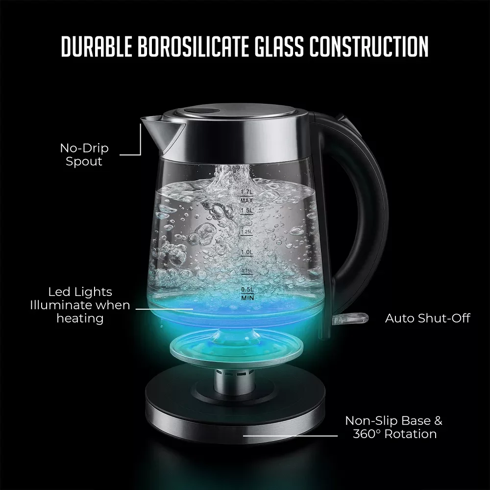 1.7L Electric Kettle, Speed-Boil Glass Electric Water Boiler & Warmer 1100W Tea Heater Auto Shut-Off