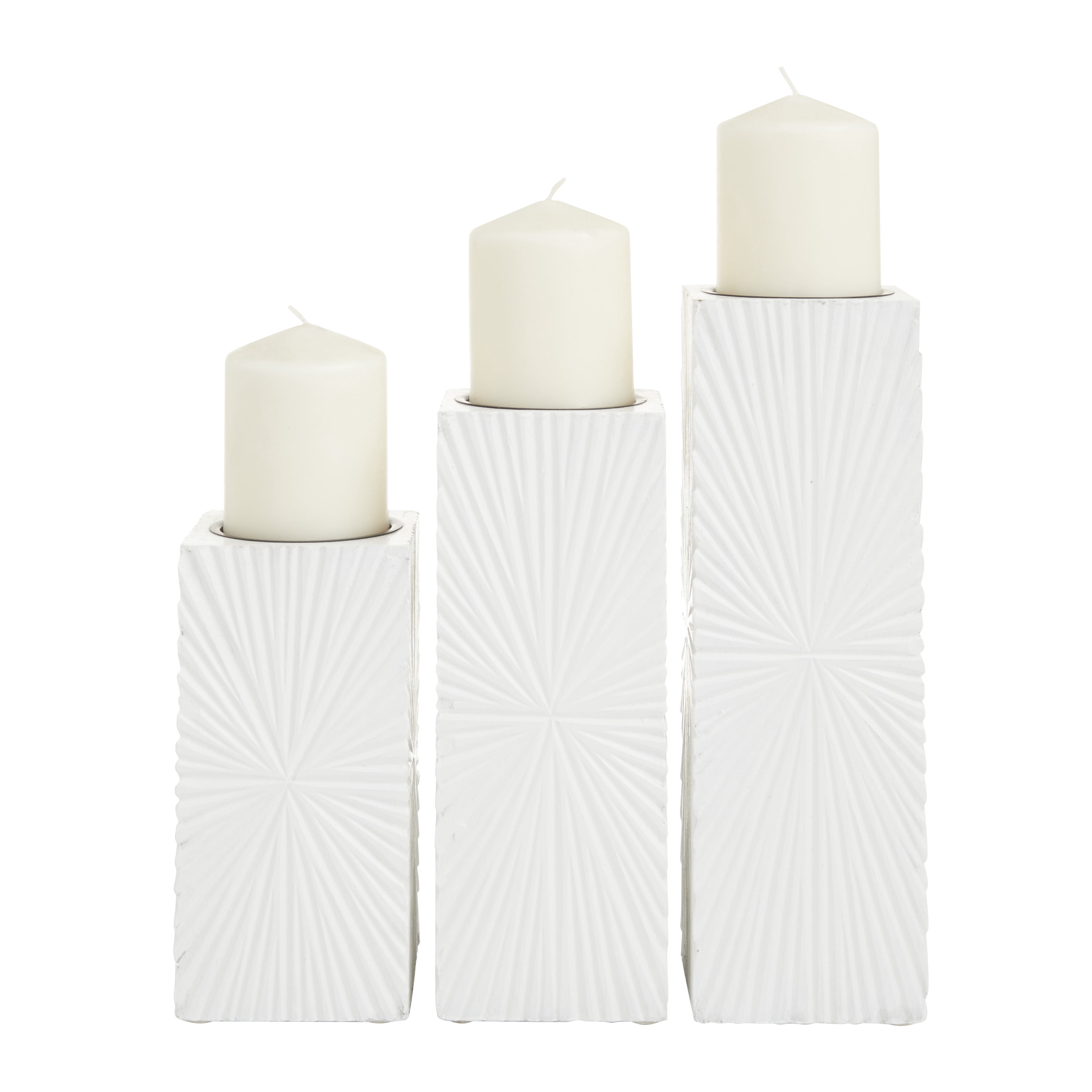 CosmoLiving by Cosmopolitan 3 Candle White Wood Geometric Carved Pillar Candle Holder, Set of 3