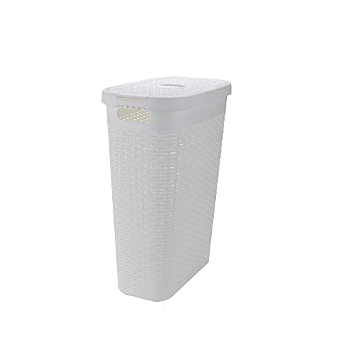 Mind Reader 40 Liter Slim Basket, Cutout Handles, Washing Bin, Dirty Clothes Storage, Bathroom, Bedroom, Closet, White Laundry Hamper