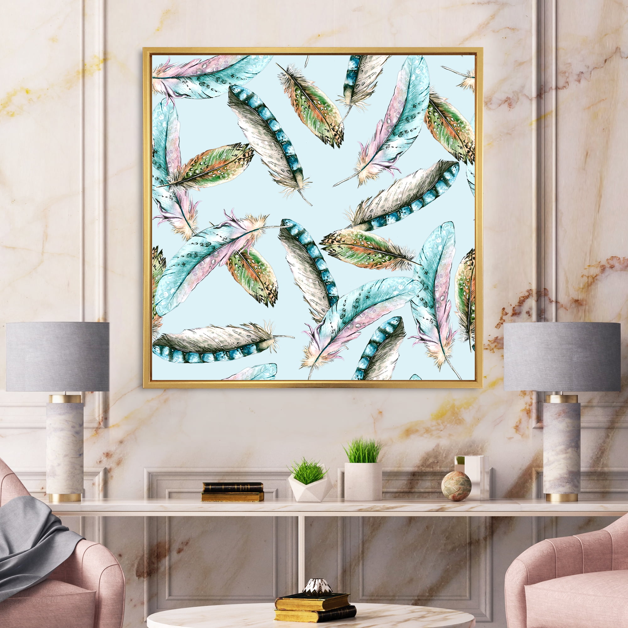 Designart 'Green Bird Feathers On Blue Background' Bohemian & Eclectic Framed Canvas Wall Art Print