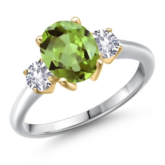 Gem Stone King 10K Two Tone Gold Green Peridot and White Created Sapphire Engagement Ring for Women | 2.60 Cttw | Oval 9X7MM | Gemstone August Birthstone | Size 6