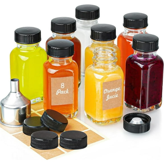 8 Pack Syntic 2 oz Square Glass Jars with Caps, Reusable Healthy Juice Bottle, Extra Stickers, Funnel, Used for Outdoor Travel