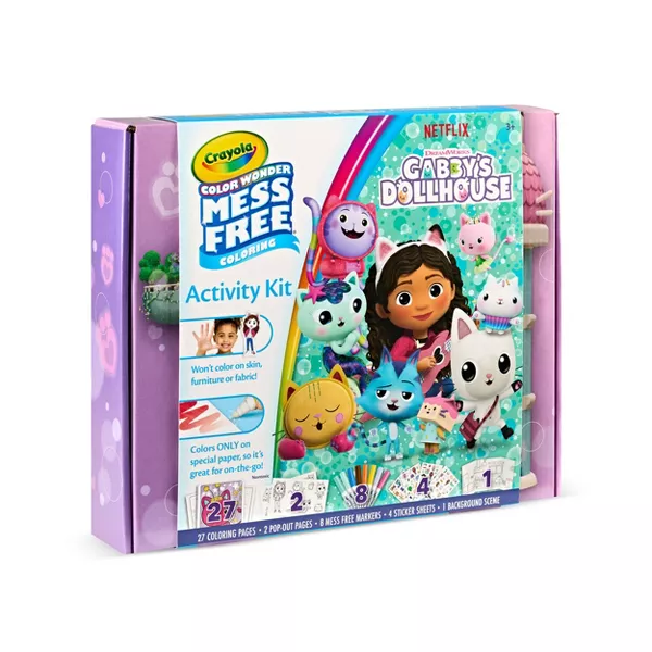 Crayola Color Wonder Gabbys Dollhouse Mess-Free Activity Kit - 27 Coloring Pages, 8 Markers, Stickers & Pop-Outs