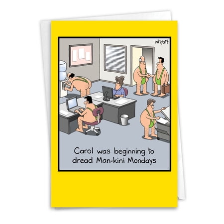 Hysterical Birthday Greeting Card with 5 x 7 Inch Envelope (1 Card) Bday Man-kini - Woman in Office with Nearly Naked Men
