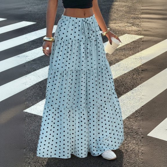 Polka Dot Skirts for Women Drawstring Elastic High Waisted A Line Pleated Skirts Summer Beach Vacation Maxi Skirts, M