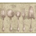 thumbnail image 1 of Kitchen Vintage Tableware Silver Spoons Forks Olive Green Wallpaper Border Retro Design, Roll 15' x 5.25'', 1 of 3