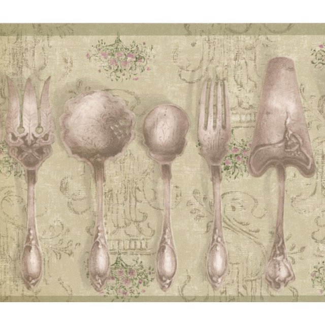 Kitchen Vintage Tableware Silver Spoons Forks Olive Green Wallpaper Border Retro Design, Roll 15' x 5.25''