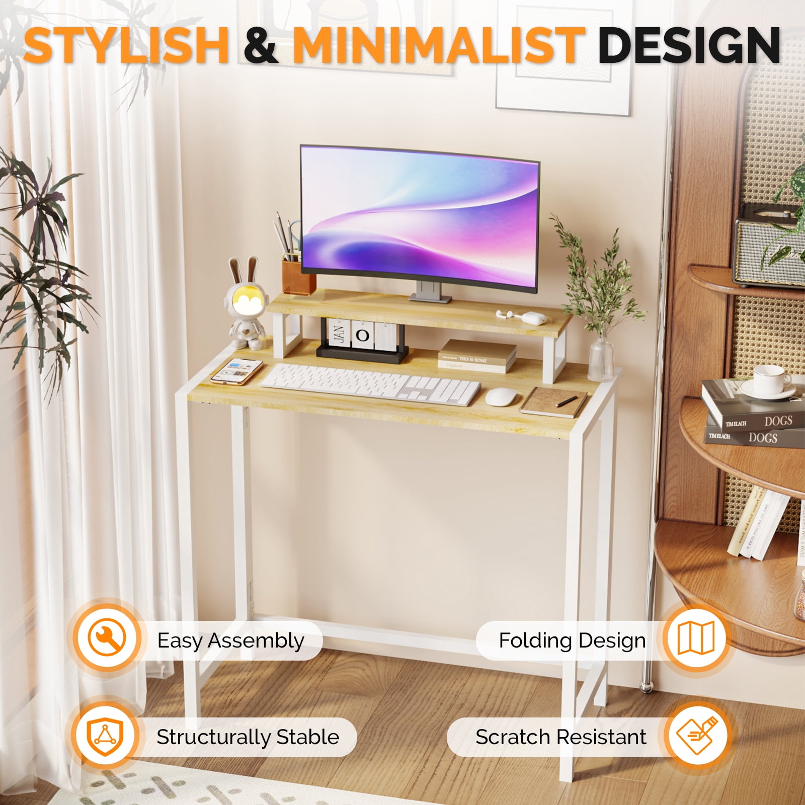 31.5" Computer Desk with Desktop Shelf and RGB Lighting, Foldable, Teak & White