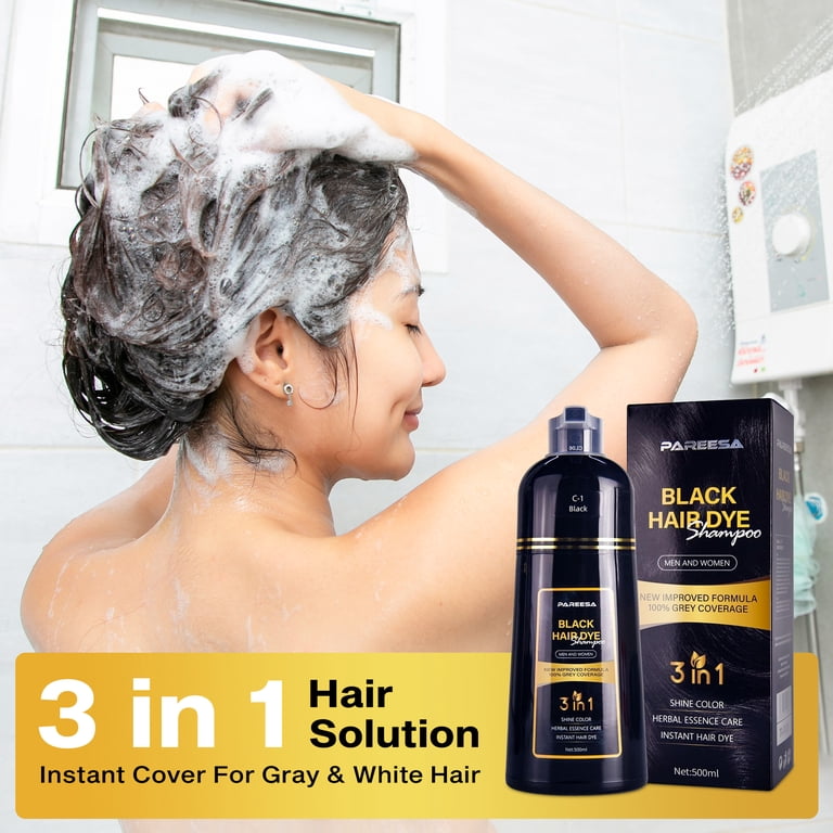 PAREESA Black Hair Dye Shampoo, 3 in 1 Gray Coverage, Safe Formula