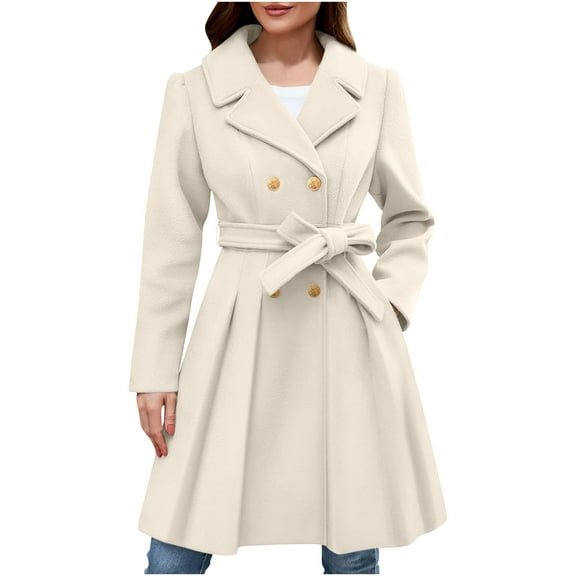 Heisall Womens Winter Coats Notched Collar Double Breasted Button A-line Gathered Wool Blend Outerwear Casual Style