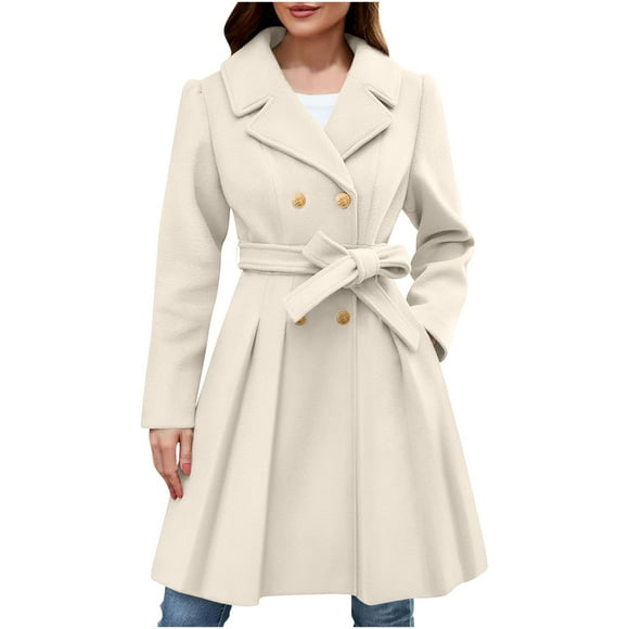 Ailaofu Women's Winter Double Breasted Wool Coat Pleated Hem Belted Winter Trench Coat Peacoat