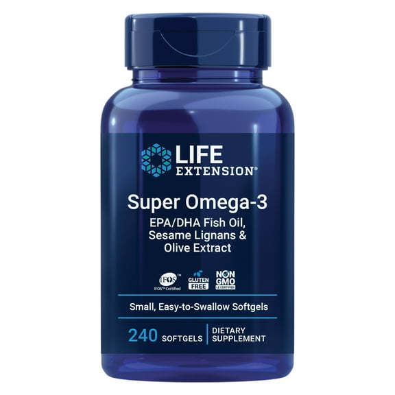 Life Extension Super Omega-3 EPA/DHA Fish Oil, Sesame Lignans & Olive Extract - Omega 3 Supplement - For Heart Health and Brain Support - Gluten Free, Non-GMO - 240 Easy-to-swallow Softgels