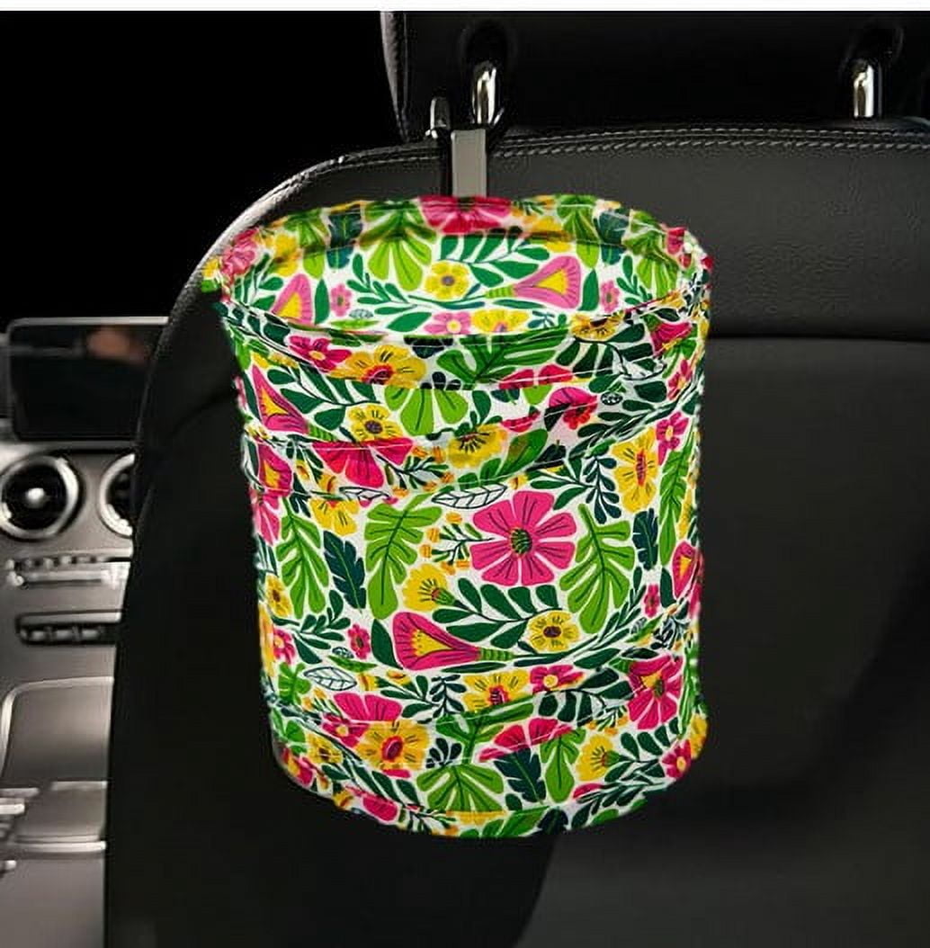 Women's Bright Island Floral Print Univeral Collapsible Bucket Hanging Trash Can for Cars