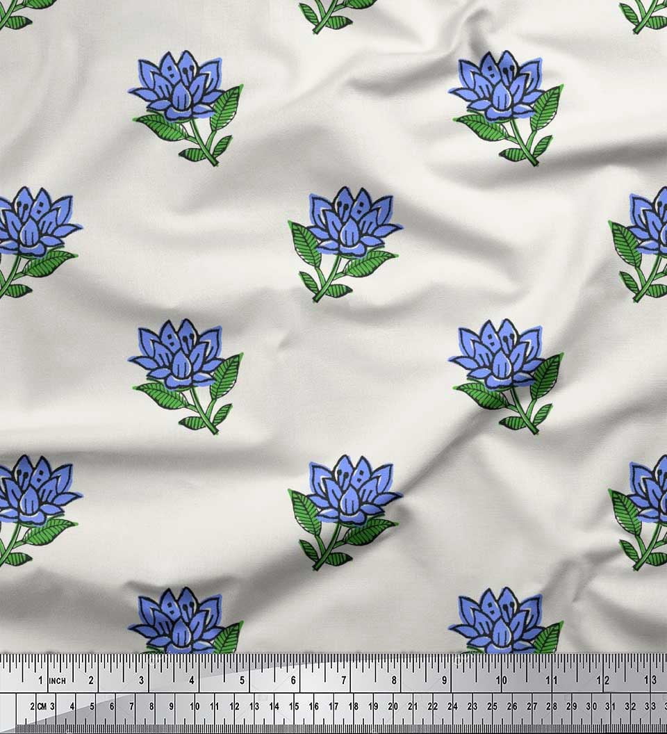 Soimoi Cotton Voile Fabric Leaves & Lotus Block Print Fabric by