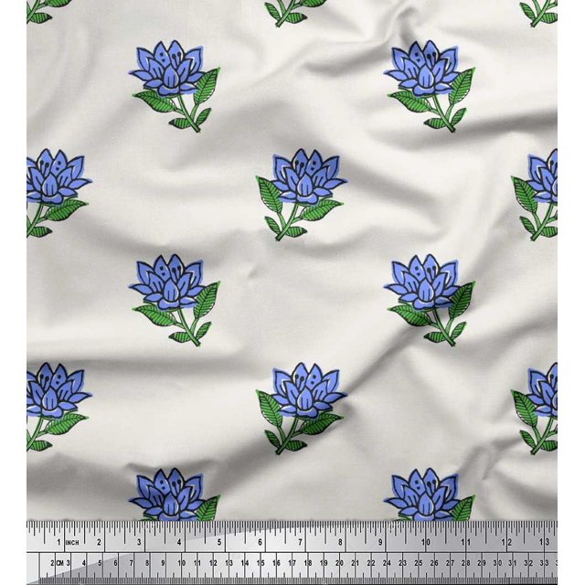 Soimoi Polyester Crepe Fabric Leaves & Lotus Block Print Fabric by The Yard 52 Inch Wide