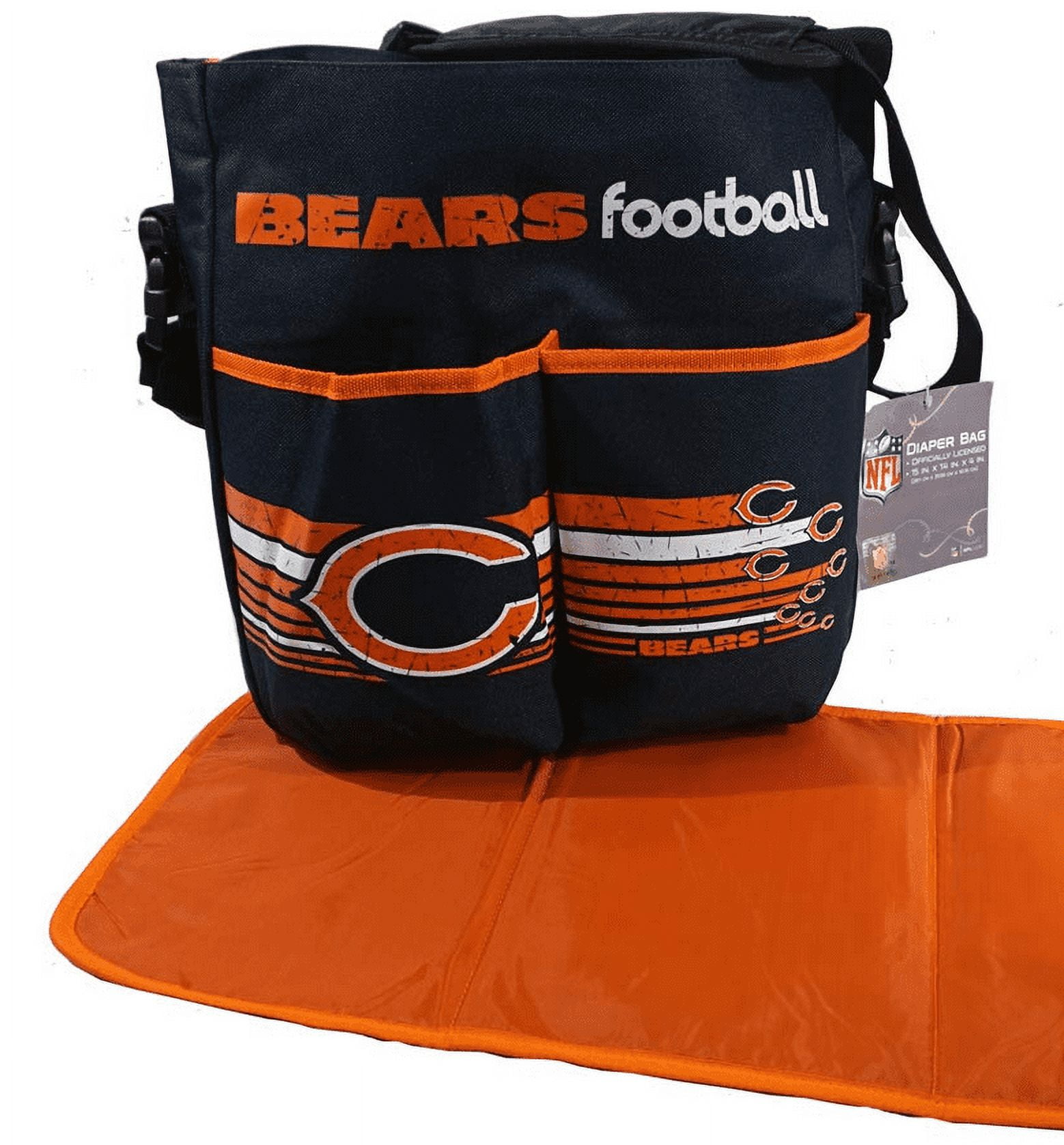 Chicago Football Bears Baby Diaper Bag - Adjustable Padded Shoulder Strap & Orange Changing Pad