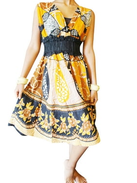 Mogul Women Summer Dresses, Vintage Retro 70s Yellow Floral Printed Dresses, Hand made Cotton Sundress M