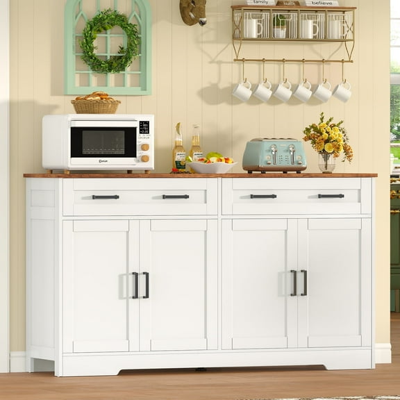 Buffet Cabinet with Storage and Drawers, 55" Large Sideboard Buffet Cabinet with Adjustable Shelves and Doors, Modern Farmhouse Coffee Bar for Kitchen, Dining Room, White