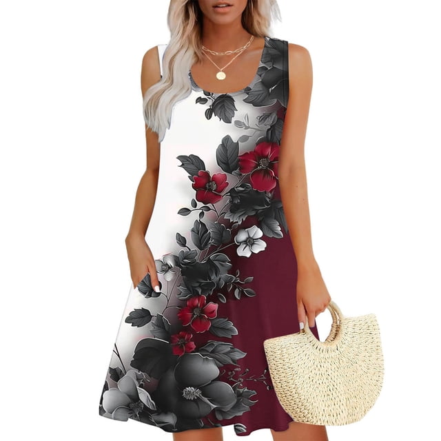Ovzne Robes Grande Taille pour Femmes Rondes Robe Décontractée Ample d'Été Imprimée Sans Manches Col en V Ensemble Haut/chemise Robe Imprimée en Solde