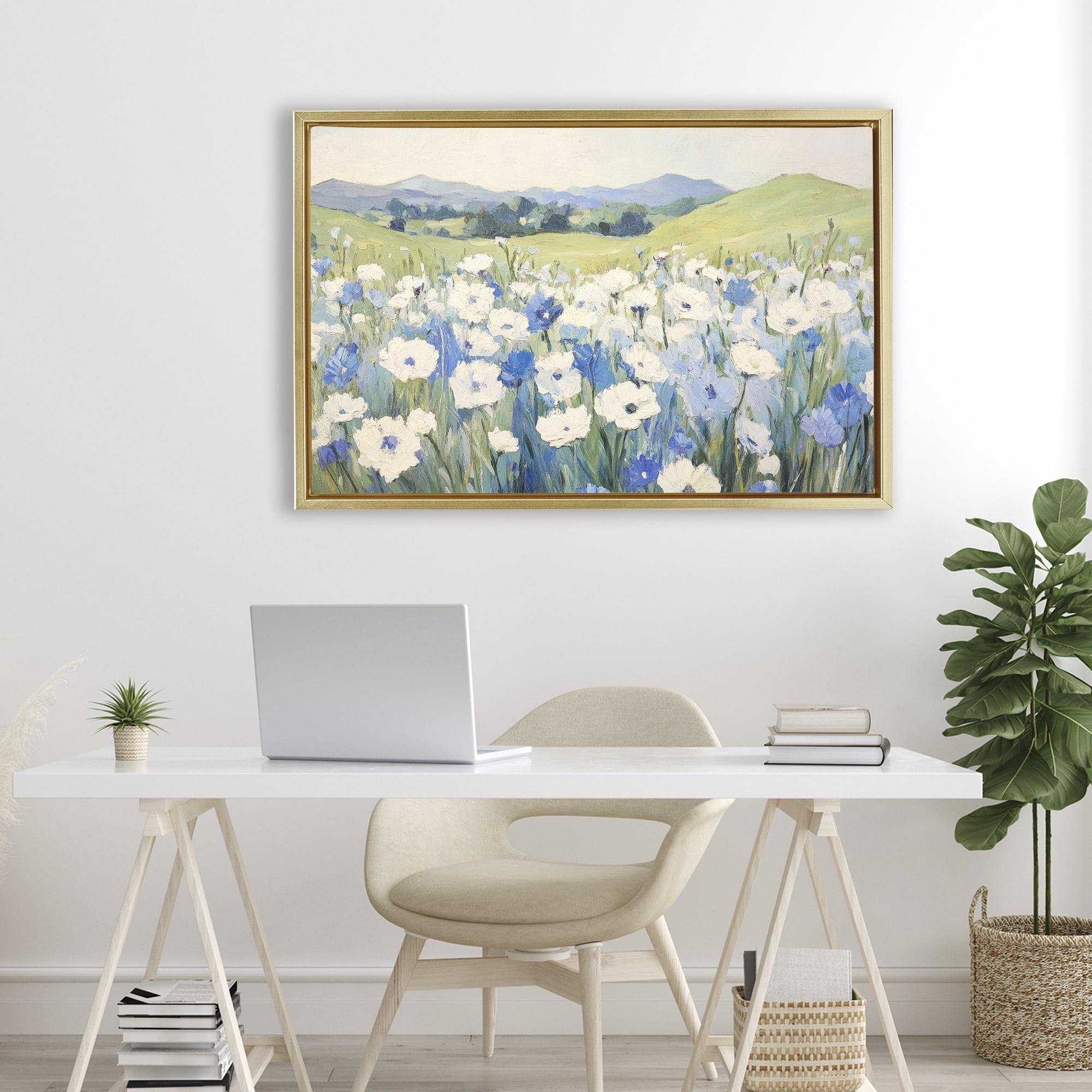 Stupell Industries Blue & White Daisies Gold Framed Floater Canvas Wall Art, design by Petal Prints Design