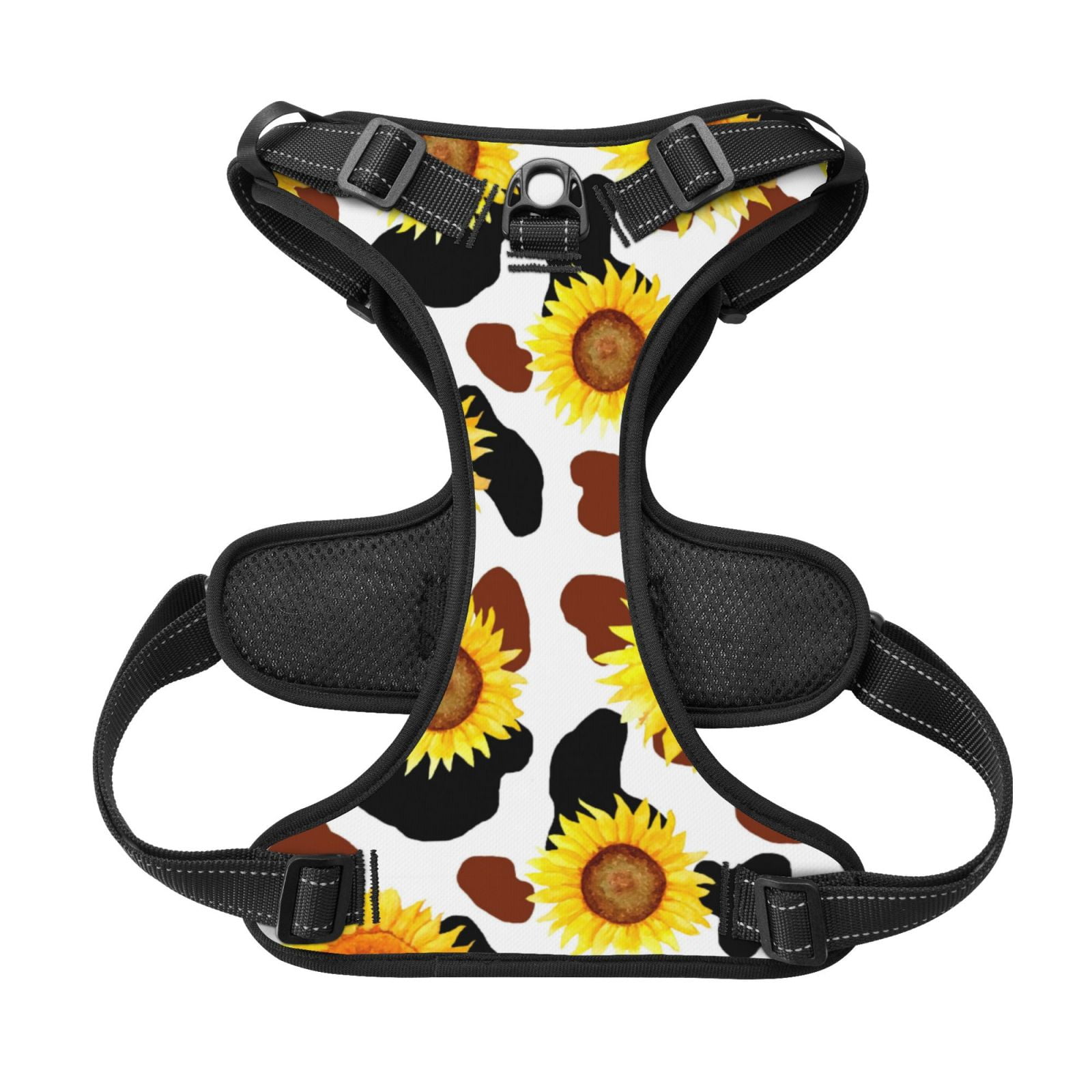 Picia Cow Print Sunflower No-Pull Dog Harness Reflective Front Clip Vest with Handle,Step-in Air Dog Harness,Adjustable 2 Metal Rings 4 Buckles,Easy to Put on & Take Off Medium