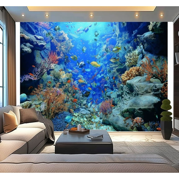 Peel and Stick Wallpaper Colorful Coral Reef Vibrant Fish Underwater Scene Modern Art Wall Mural Decor Self Adhesive and Removable 100in x 144in