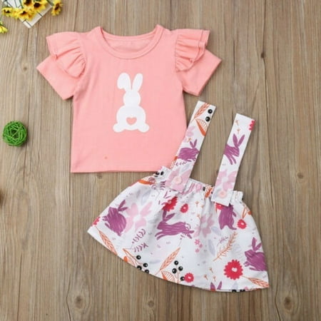 

2PCS Easter Toddler Baby Girl Dress Outfit Bunny Tops T Shirt Suspender Skirt Clothes Set