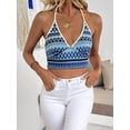 thumbnail image 4 of Knitted Camisoles for Women Summer Halter V Neck Striped Casual Sleeveless Beach Vacation Crop Tank Tops Blue S, 4 of 7