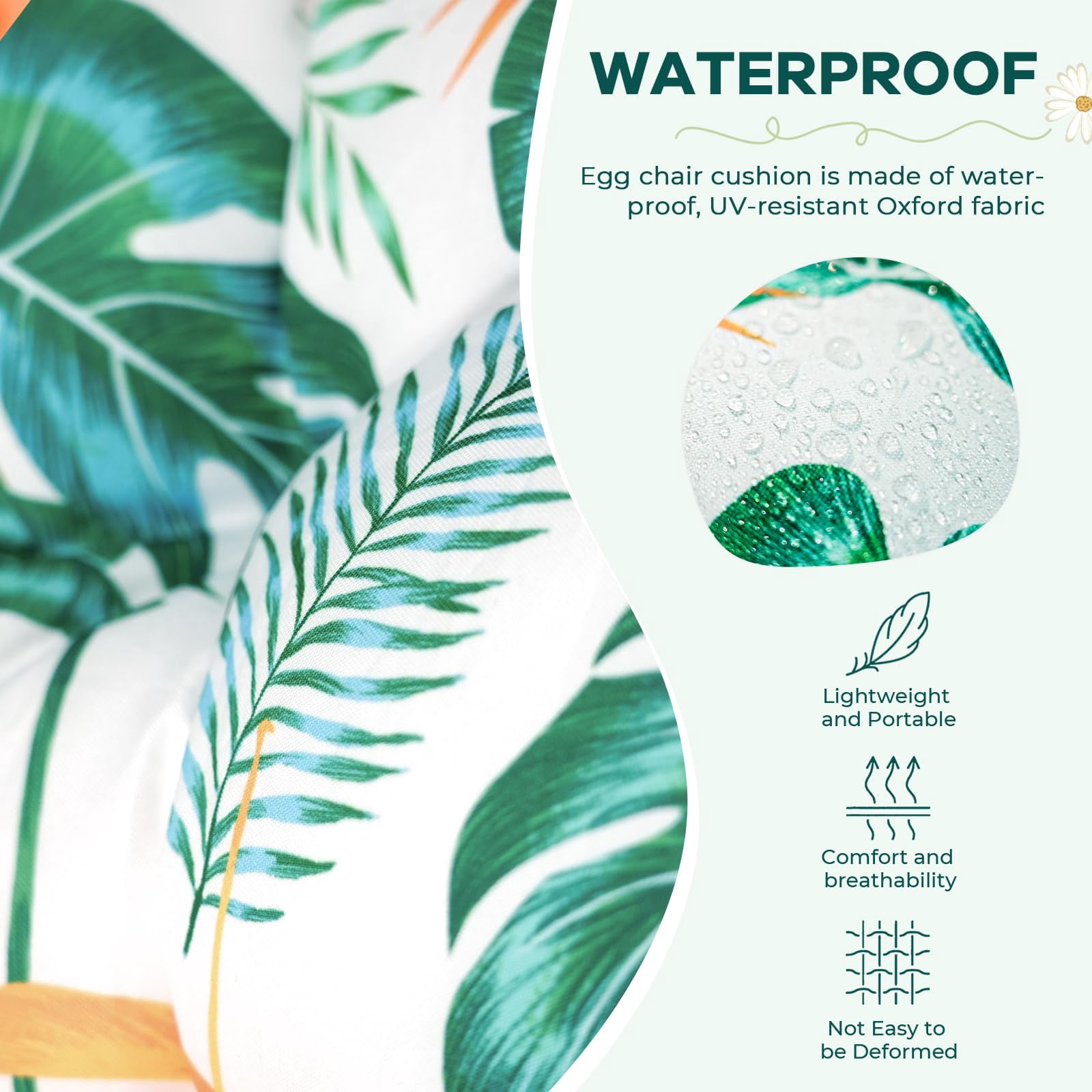 Waterproof Egg Chair Cushion Replacement Outdoor Hanging Egg Chair Cushion 47x35x7 Inches Thicken Couch Cushions with Ties, Blue Enchantress