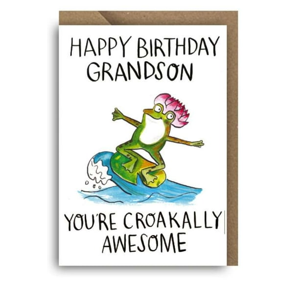 Happy Birthday Grandson Card – Fun Frog Design with "You're Croakally Awesome" Message – Perfect for Birthday Celebrations – Includes Envelope, Blank Inside for Personal Wishes